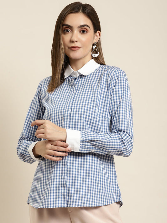 Women Blue & White Checked Pure Cotton Regular Fit Formal Shirt - #folk republic#