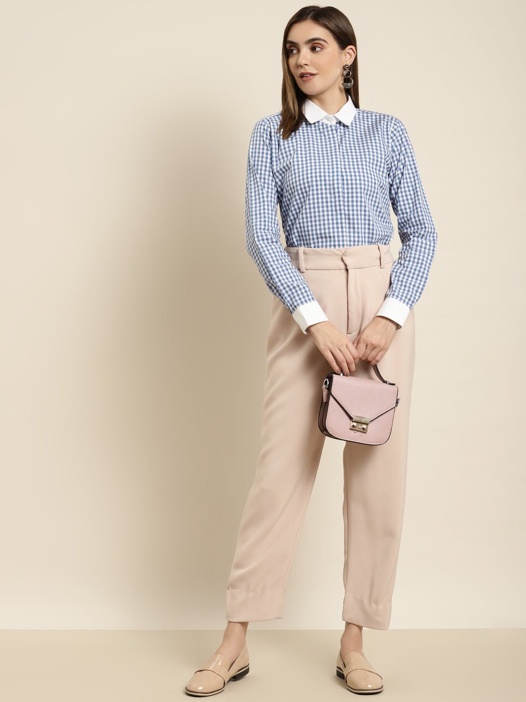 Women Blue & White Checked Pure Cotton Regular Fit Formal Shirt - #folk republic#