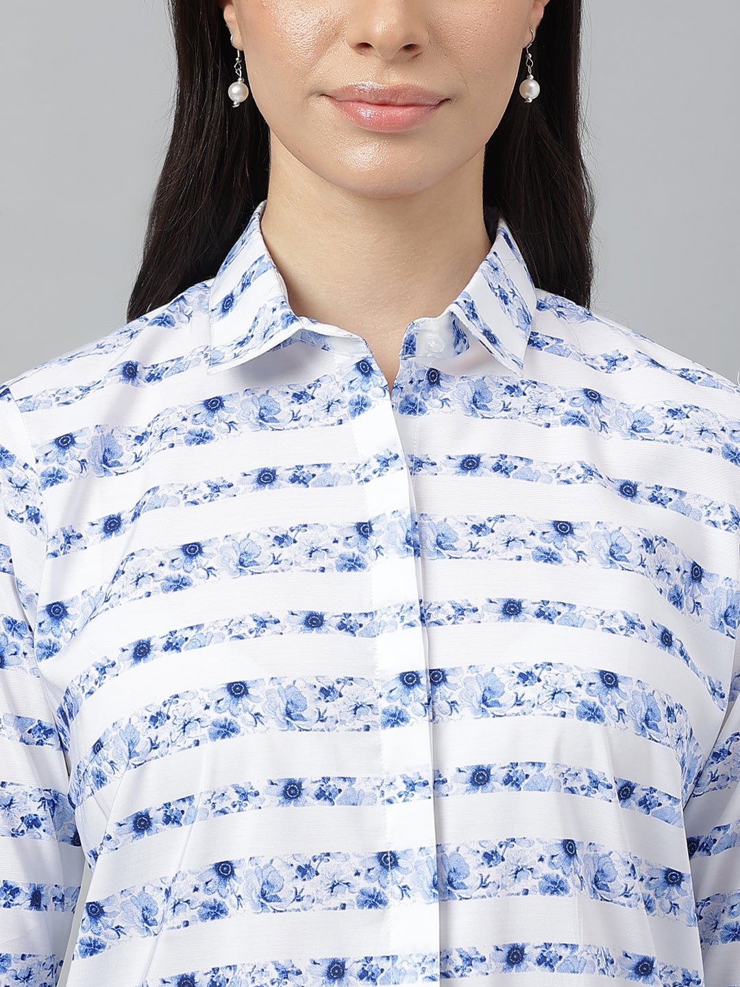Women Blue &White Prints Pure Cotton Regular Fit Formal Shirt - #folk republic#