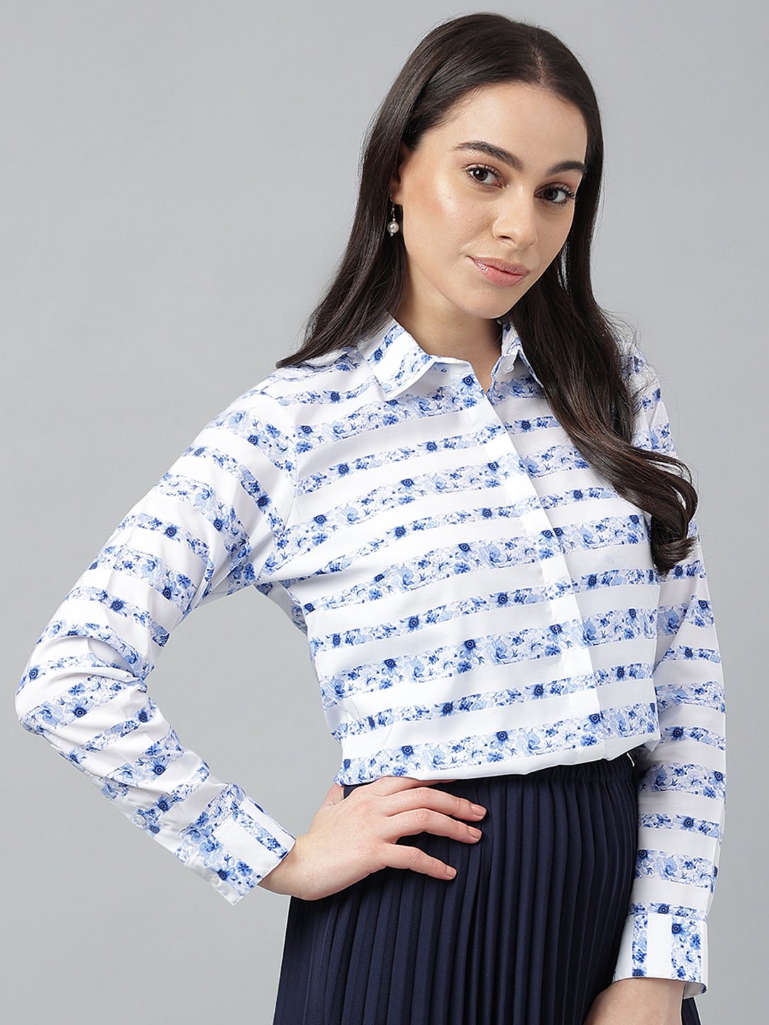 Women Blue &White Prints Pure Cotton Regular Fit Formal Shirt - #folk republic#