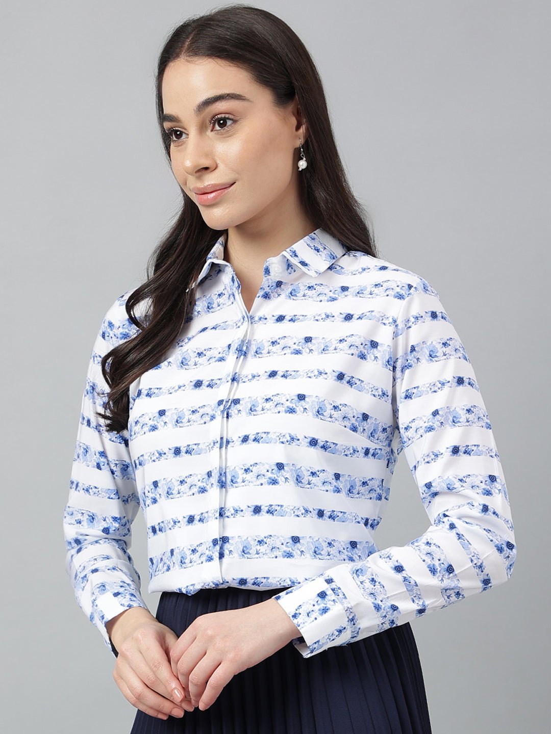 Women Blue &White Prints Pure Cotton Regular Fit Formal Shirt - #folk republic#