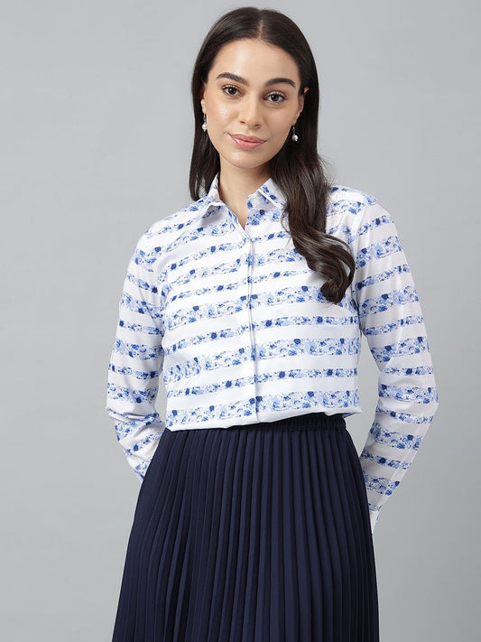 Women Blue &White Prints Pure Cotton Regular Fit Formal Shirt - #folk republic#