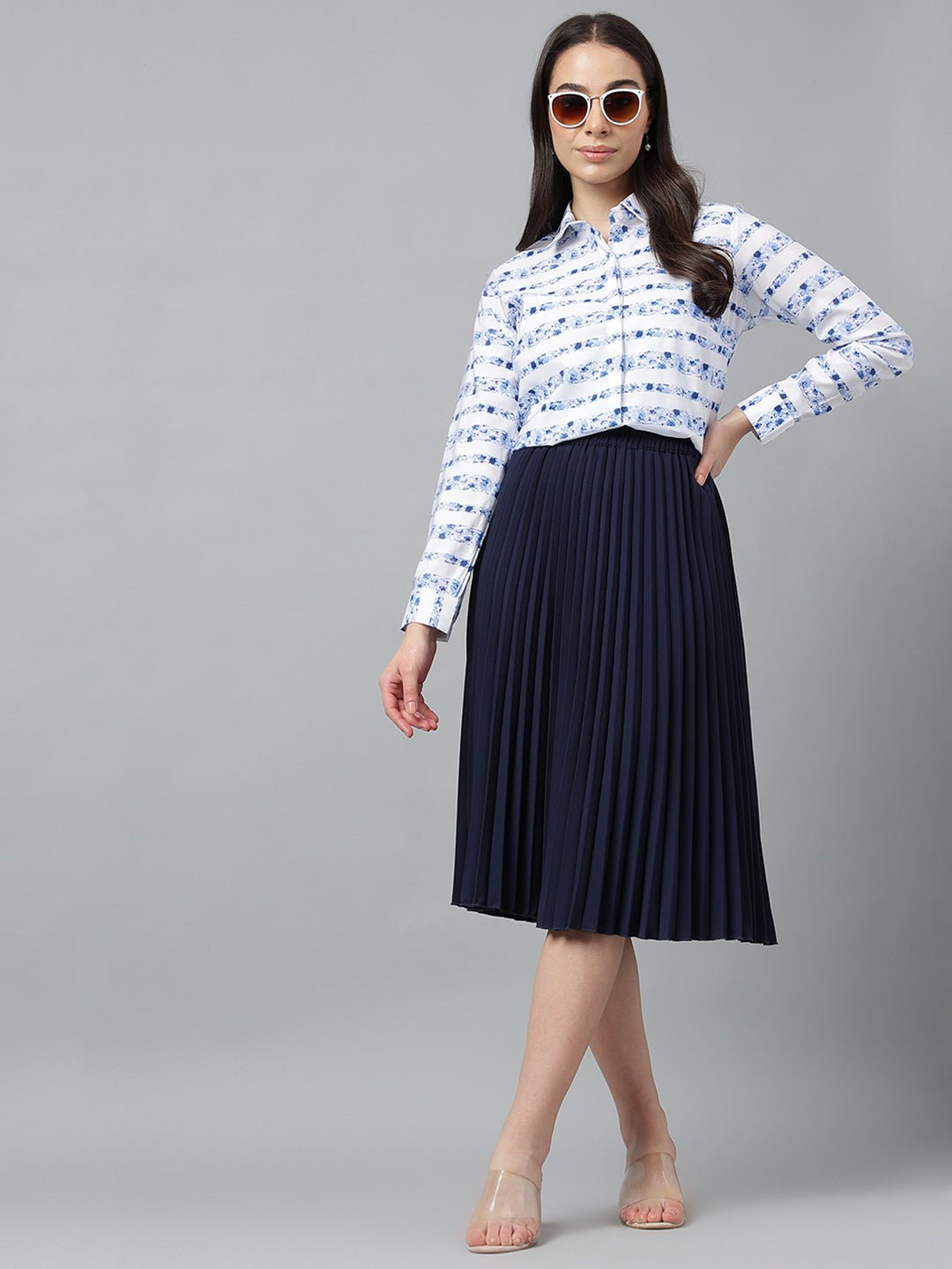 Women Blue &White Prints Pure Cotton Regular Fit Formal Shirt - #folk republic#