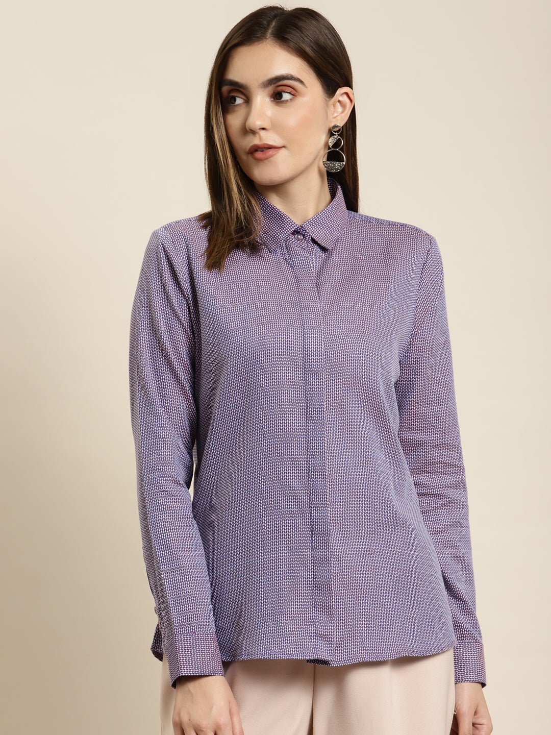Women Blue & White Solid Pure Cotton Regular Fit Formal Shirt - #folk republic#