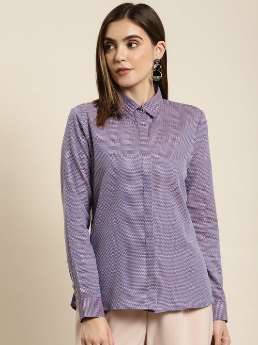 Women Blue & White Solid Pure Cotton Regular Fit Formal Shirt - #folk republic#