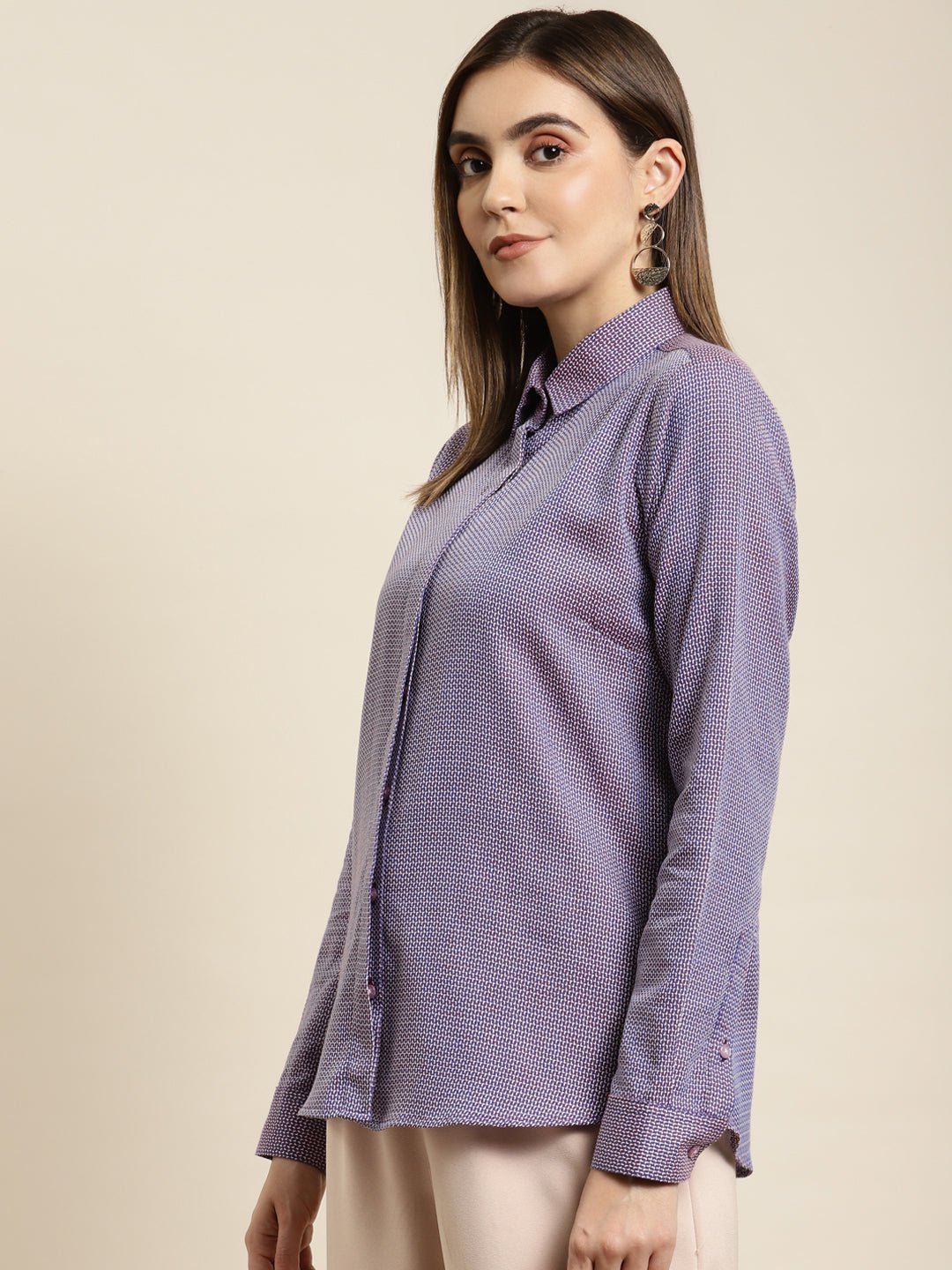Women Blue & White Solid Pure Cotton Regular Fit Formal Shirt - #folk republic#