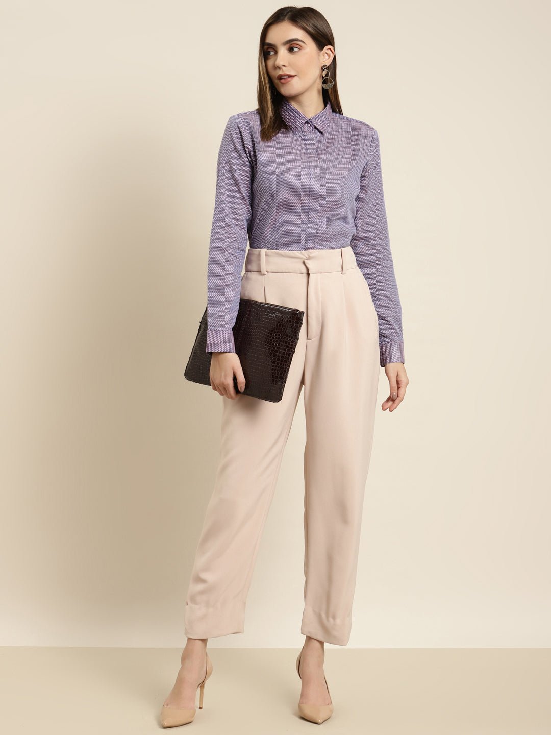Women Blue & White Solid Pure Cotton Regular Fit Formal Shirt - #folk republic#
