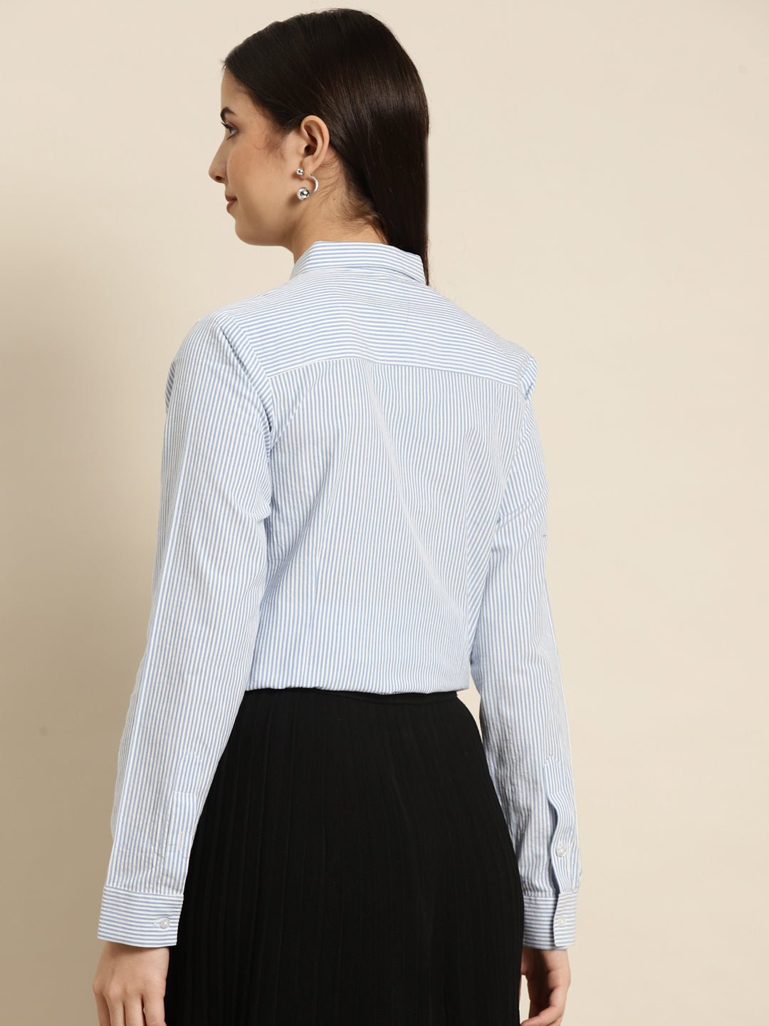 Women Blue & White Striped Pure Cotton Regular Fit Formal Shirt - #folk republic#