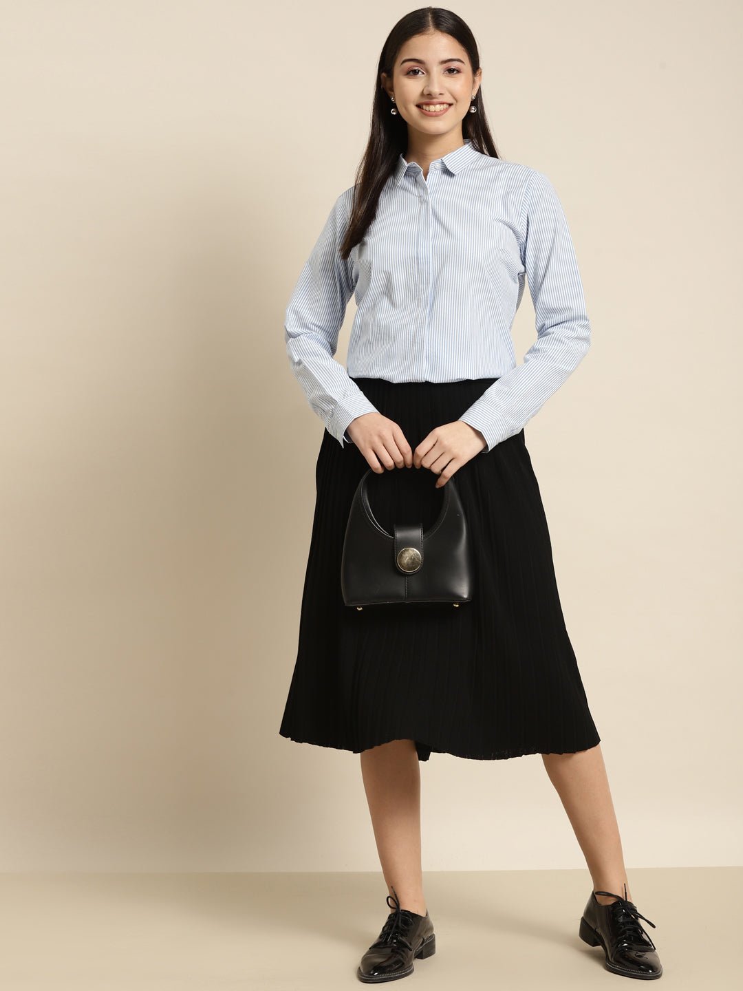 Women Blue & White Striped Pure Cotton Regular Fit Formal Shirt - #folk republic#