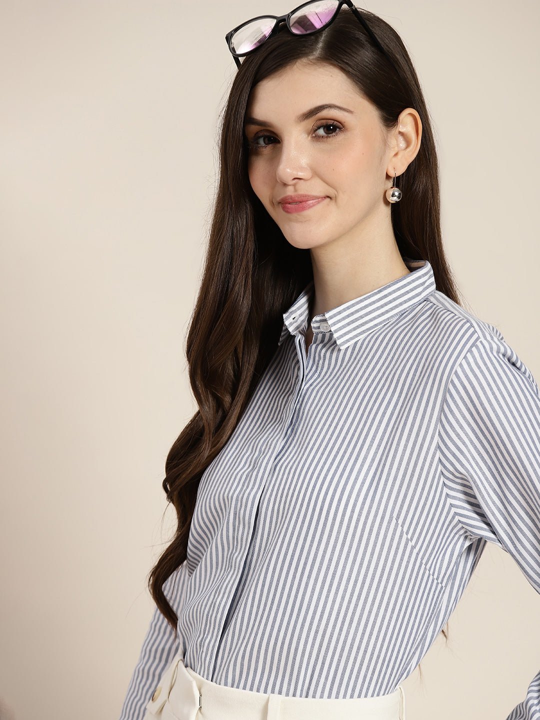 Women Blue & White Striped Pure Cotton Regular Fit Formal Shirt - #folk republic#