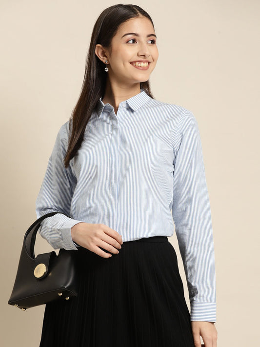 Women Blue & White Striped Pure Cotton Regular Fit Formal Shirt - #folk republic#