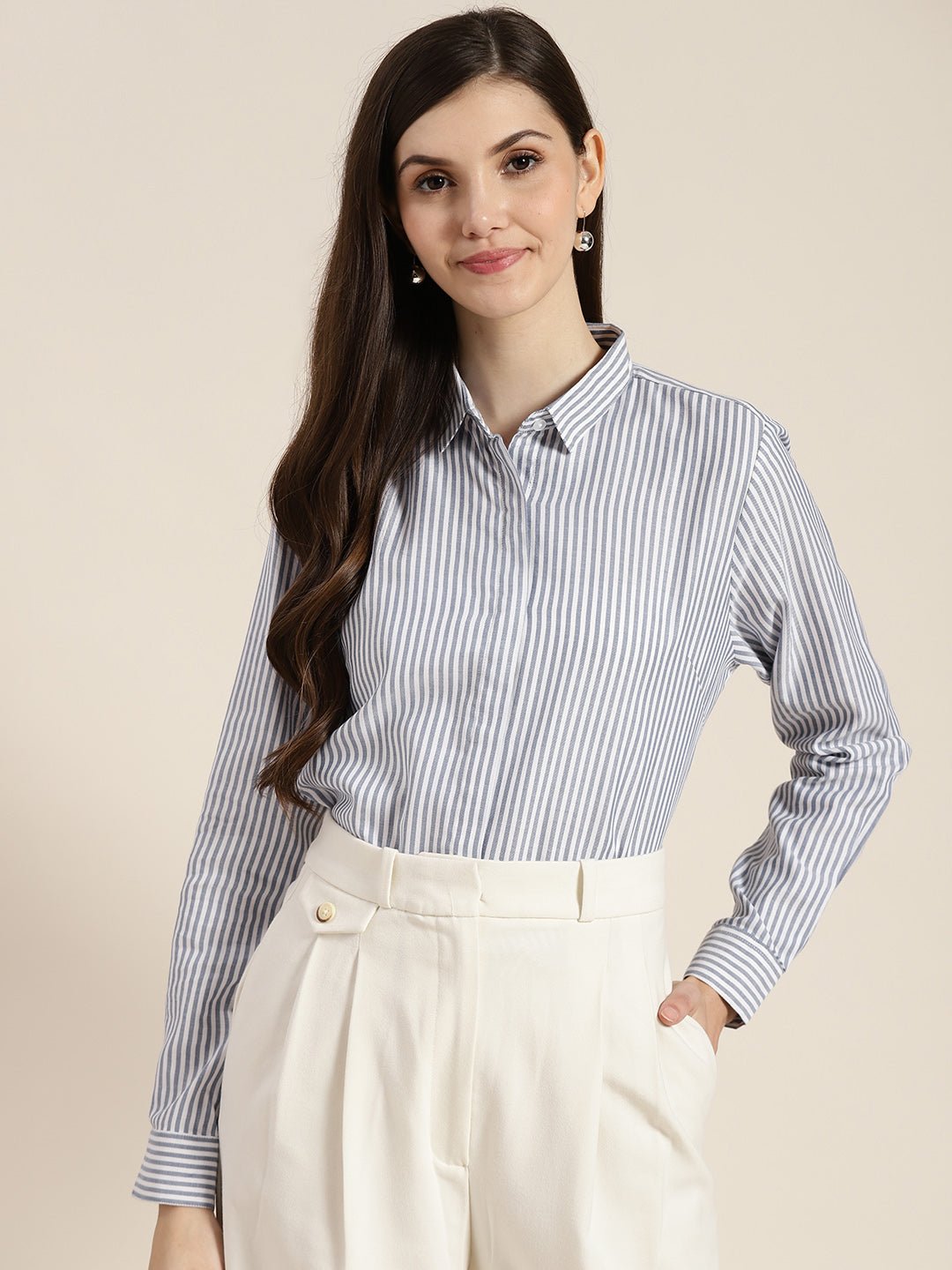 Women Blue & White Striped Pure Cotton Regular Fit Formal Shirt - #folk republic#