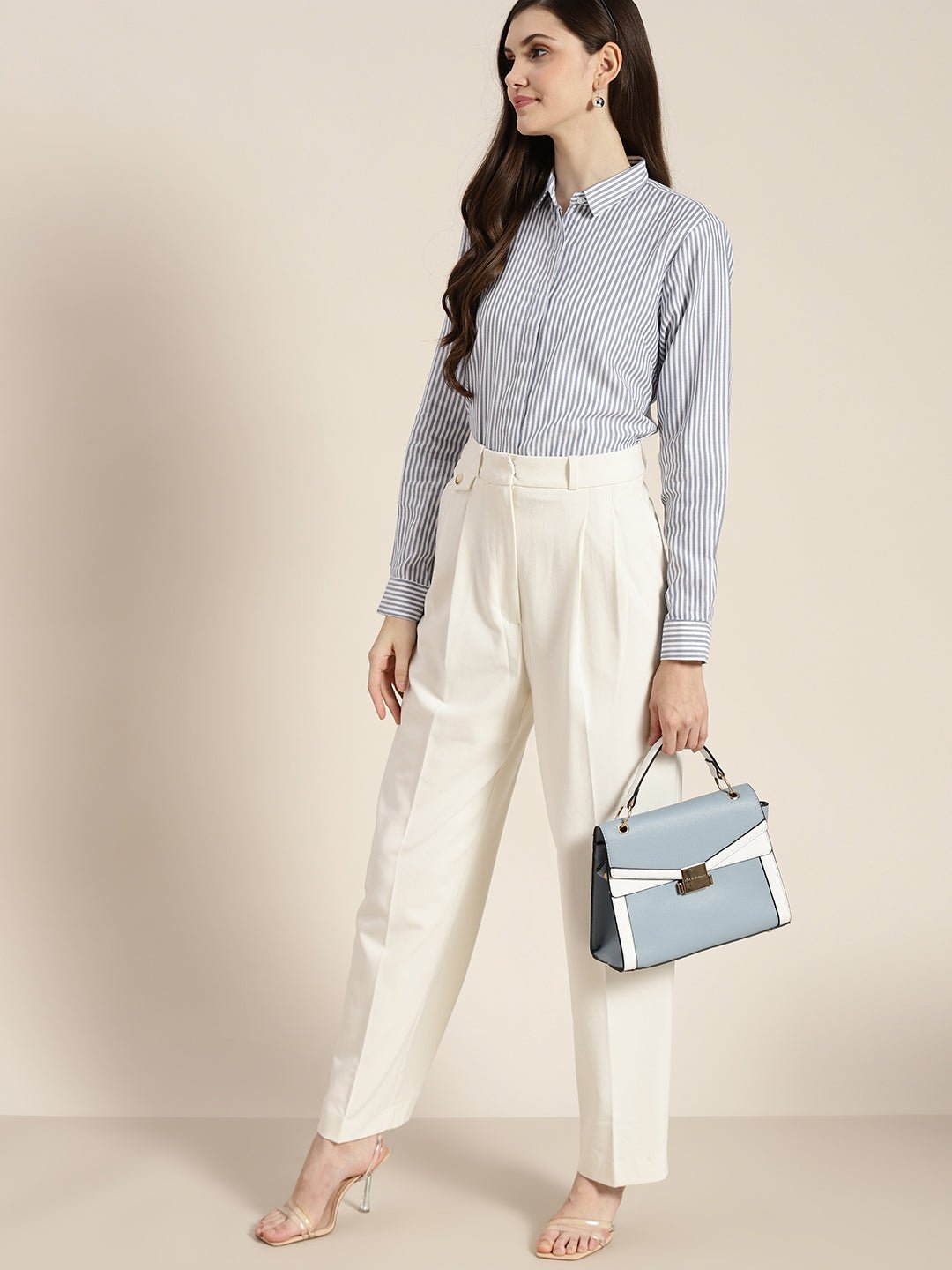 Women Blue & White Striped Pure Cotton Regular Fit Formal Shirt - #folk republic#