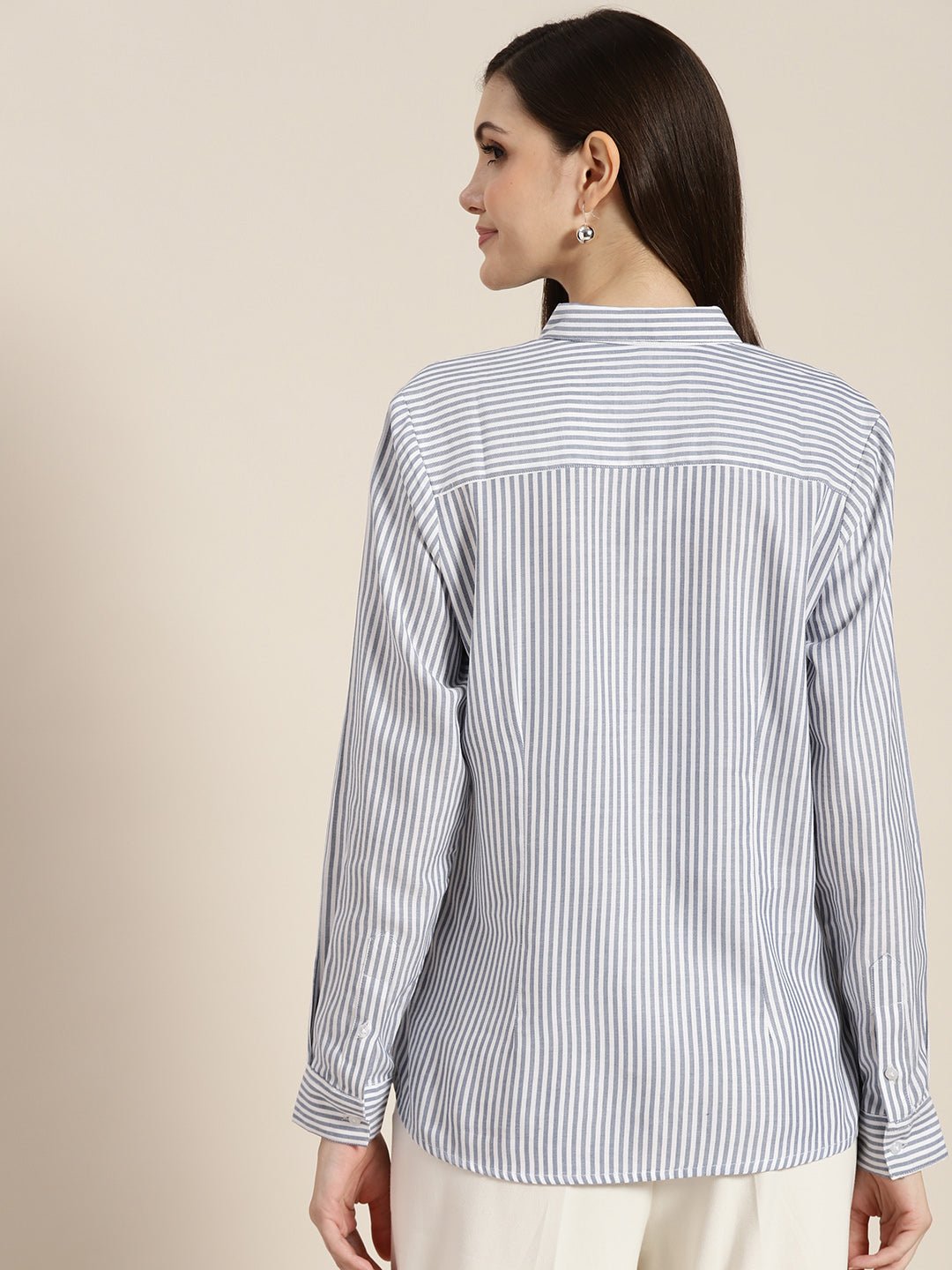 Women Blue & White Striped Pure Cotton Regular Fit Formal Shirt - #folk republic#