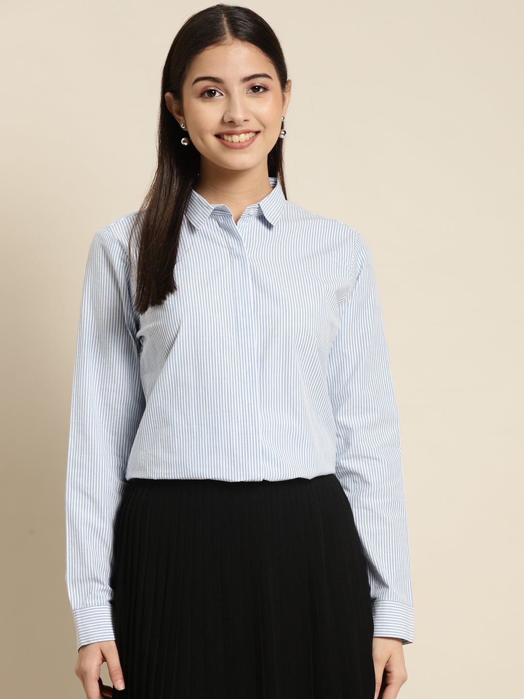 Women Blue & White Striped Pure Cotton Regular Fit Formal Shirt - #folk republic#