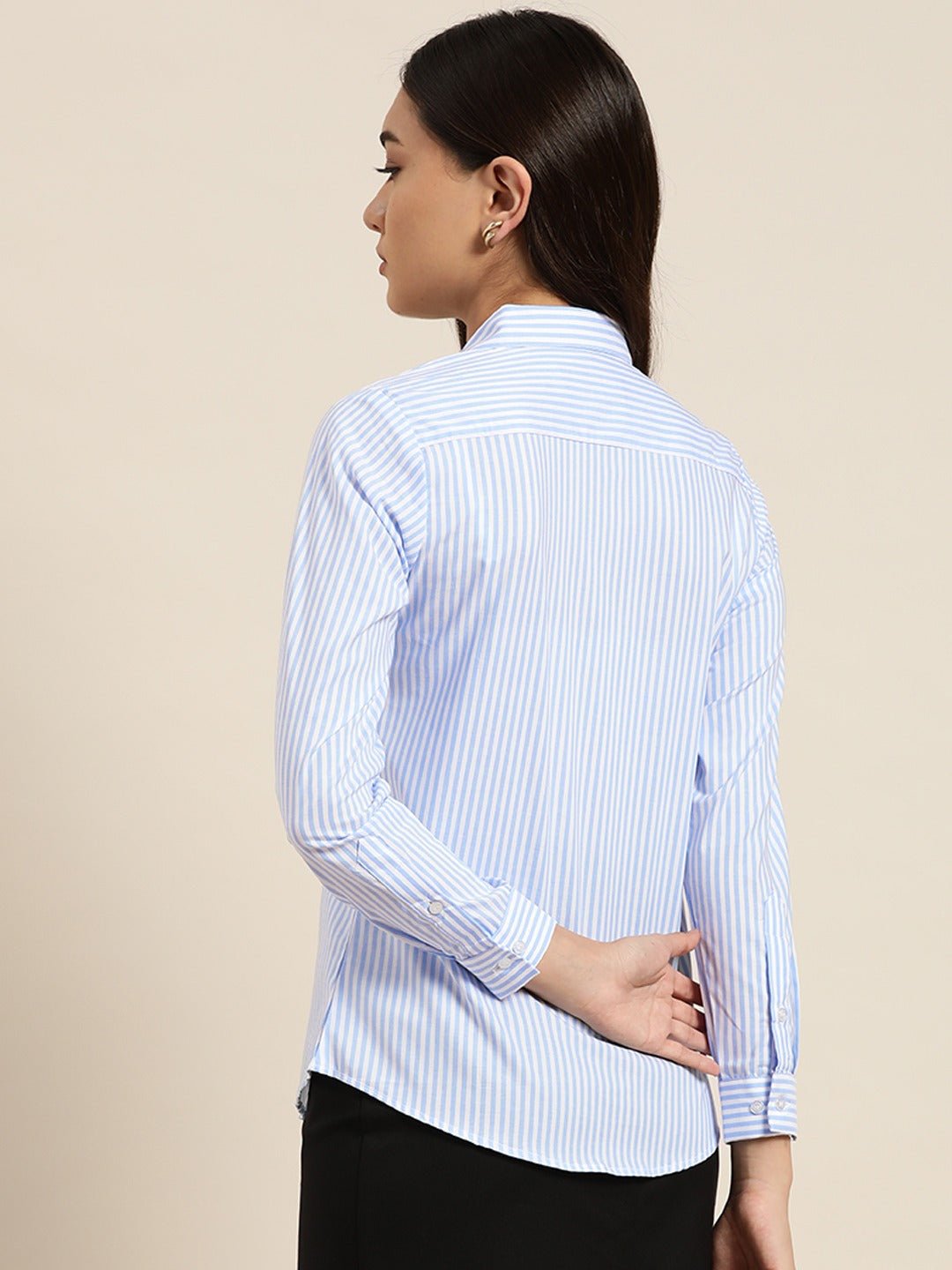 Women Blue & White Stripes Pure Cotton Slim Fit Formal Shirt - #folk republic#