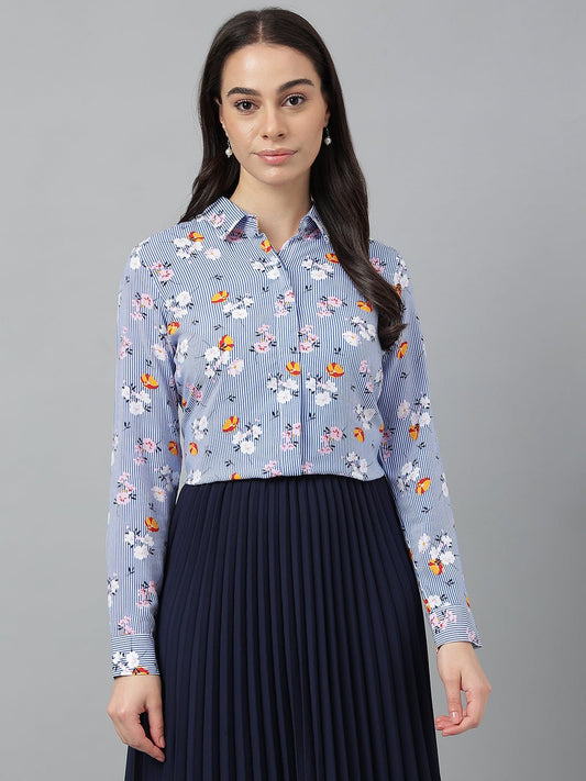 Women Blue &White Stripes Viscose Rayon Regular Fit Formal Shirt - #folk republic#