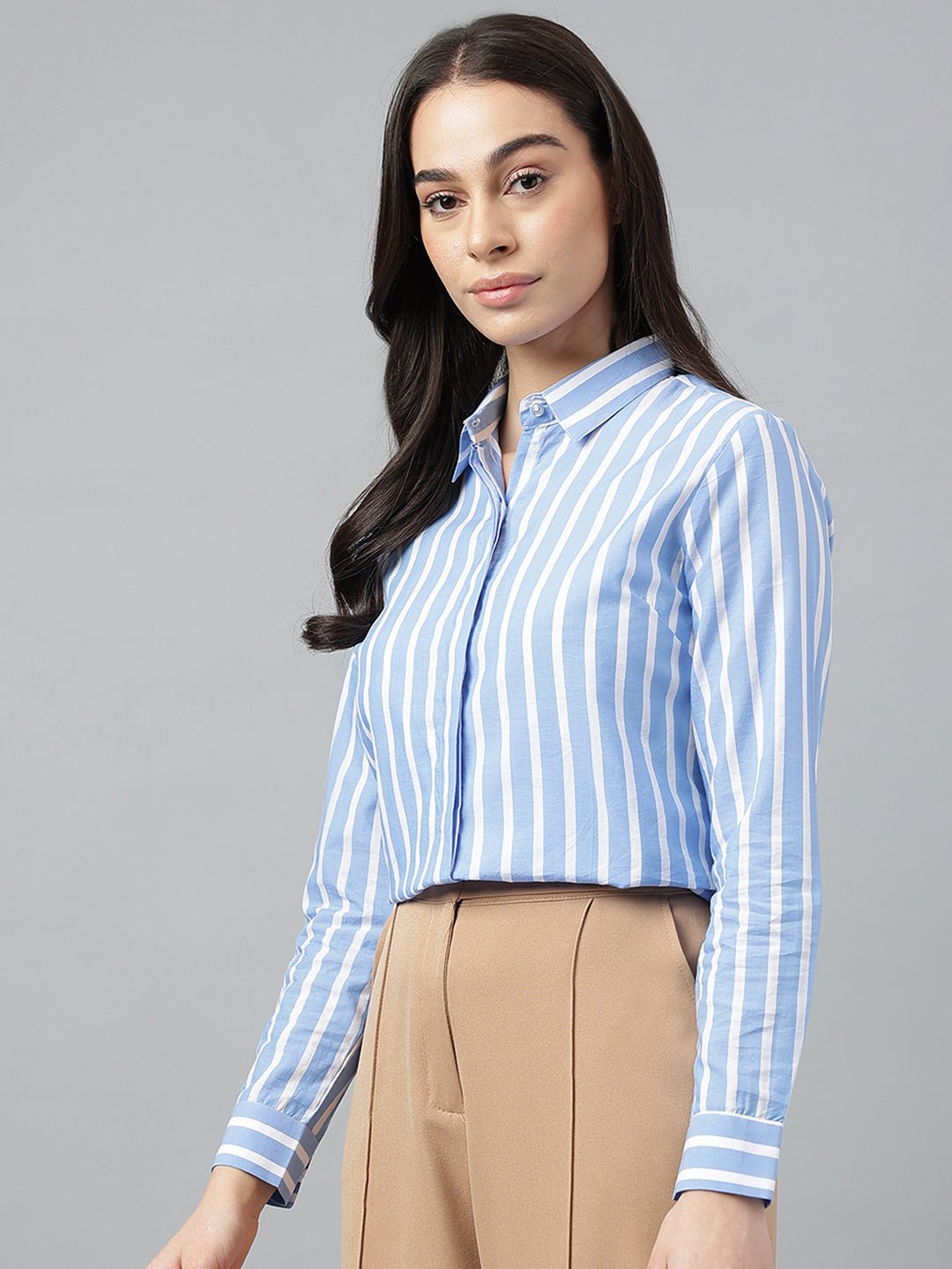 Women Blue &White Stripes Viscose Rayon Regular Fit Formal Shirt - #folk republic#