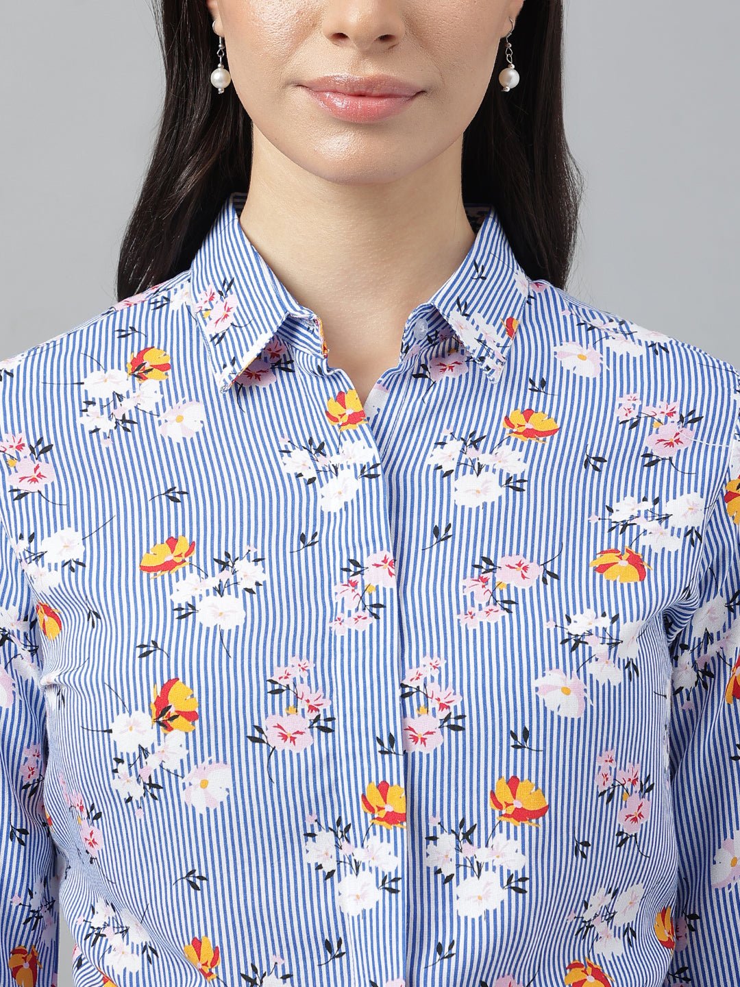 Women Blue &White Stripes Viscose Rayon Regular Fit Formal Shirt - #folk republic#