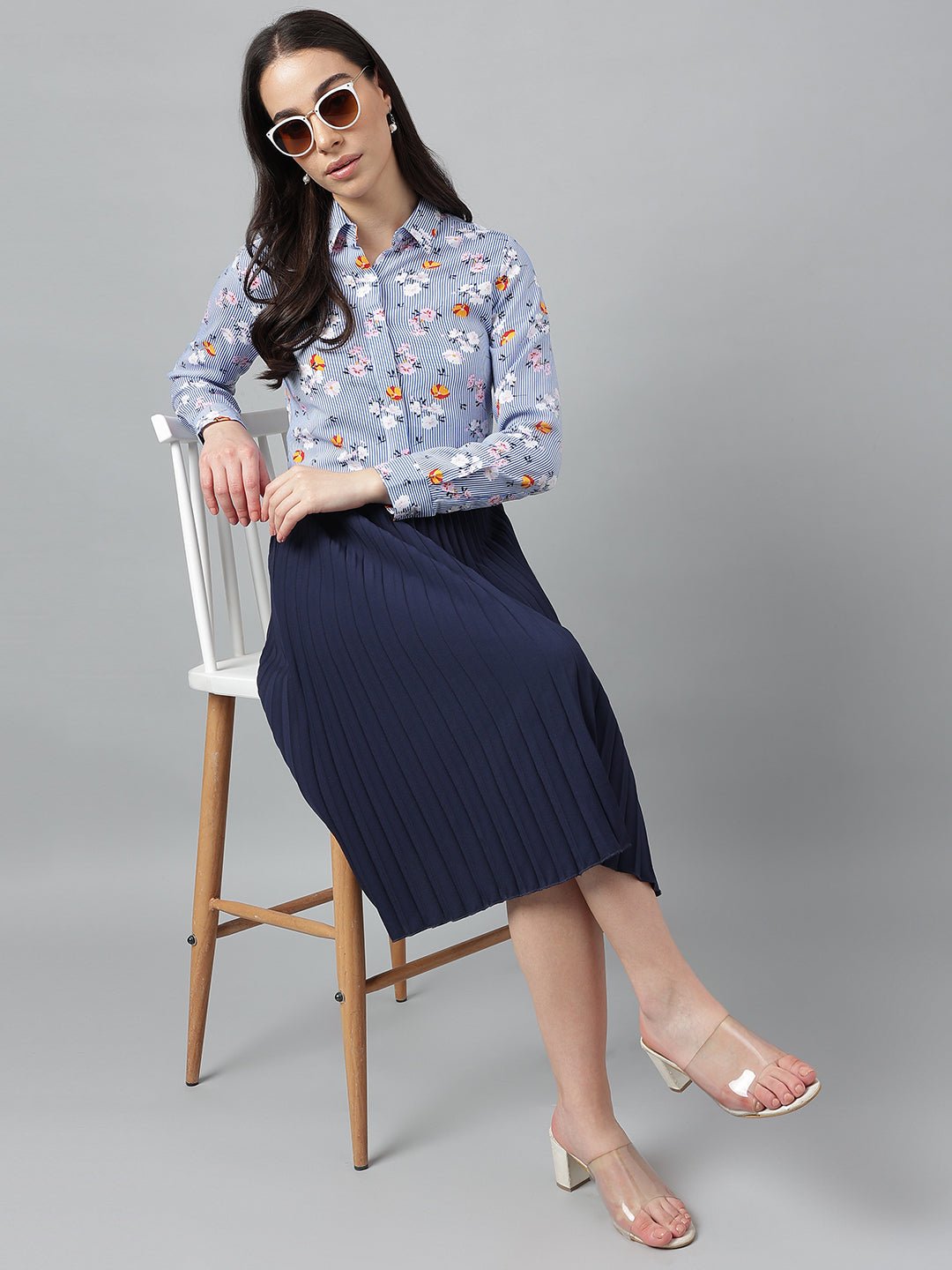 Women Blue &White Stripes Viscose Rayon Regular Fit Formal Shirt - #folk republic#