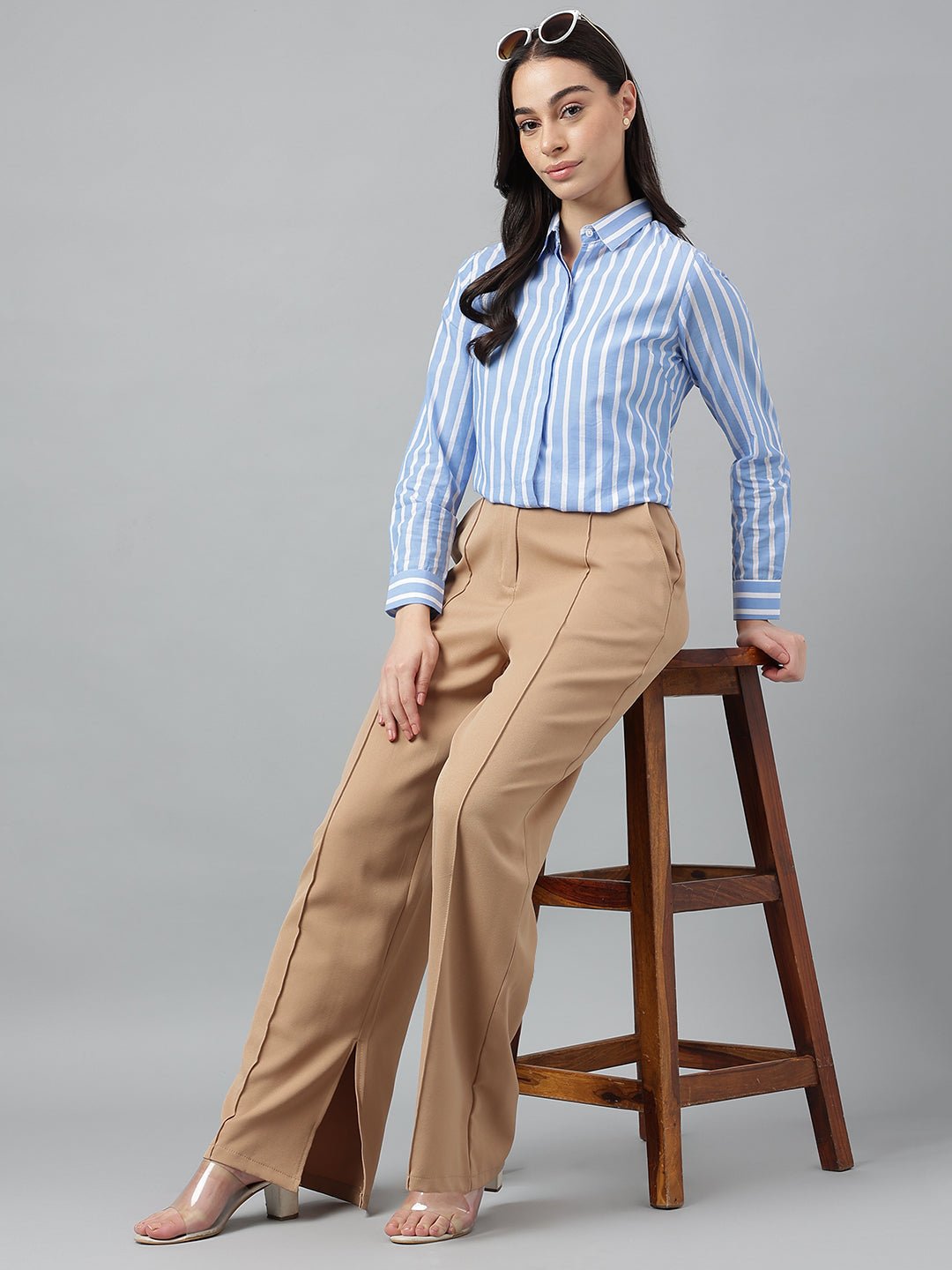 Women Blue &White Stripes Viscose Rayon Regular Fit Formal Shirt - #folk republic#