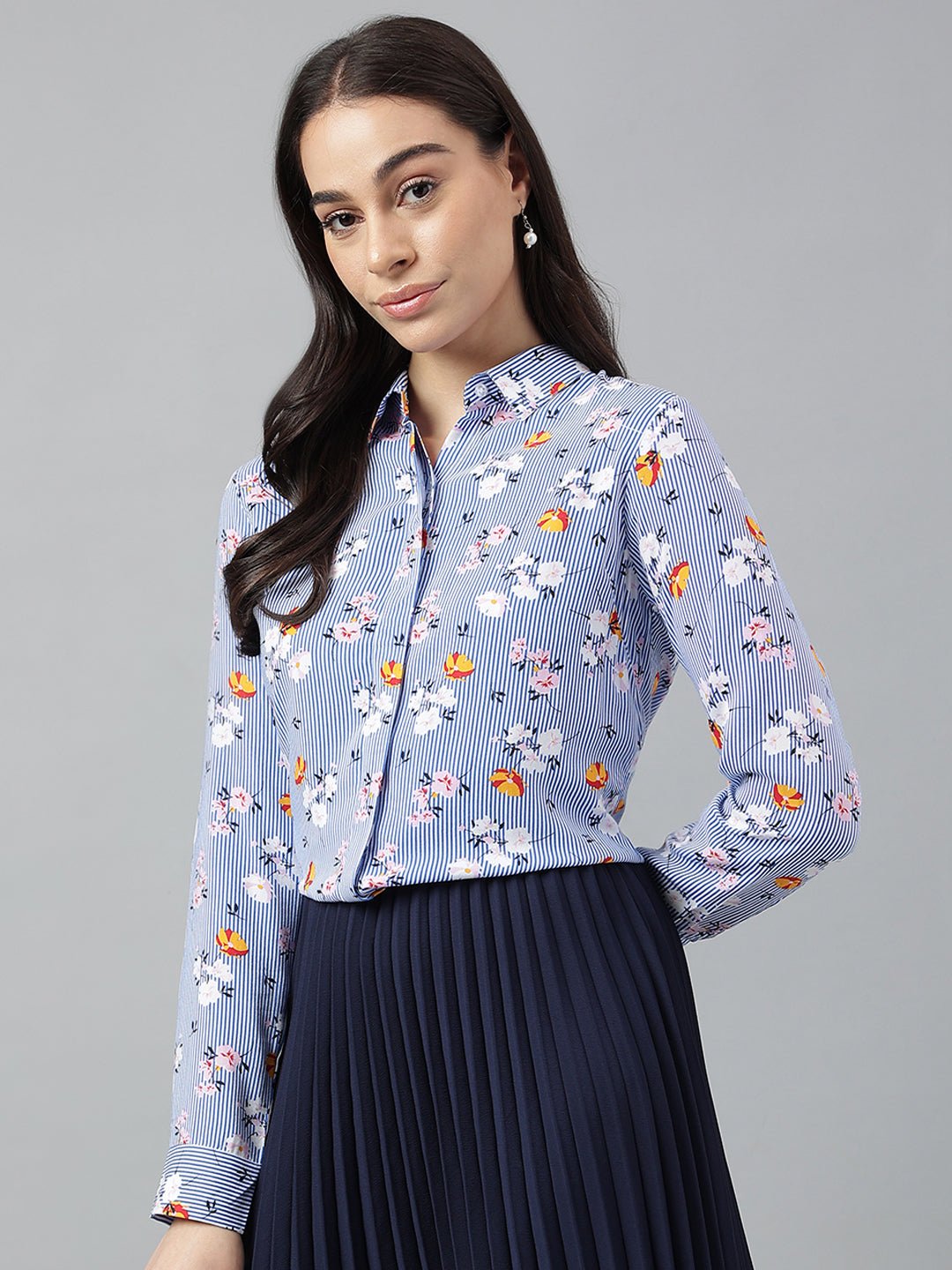 Women Blue &White Stripes Viscose Rayon Regular Fit Formal Shirt - #folk republic#
