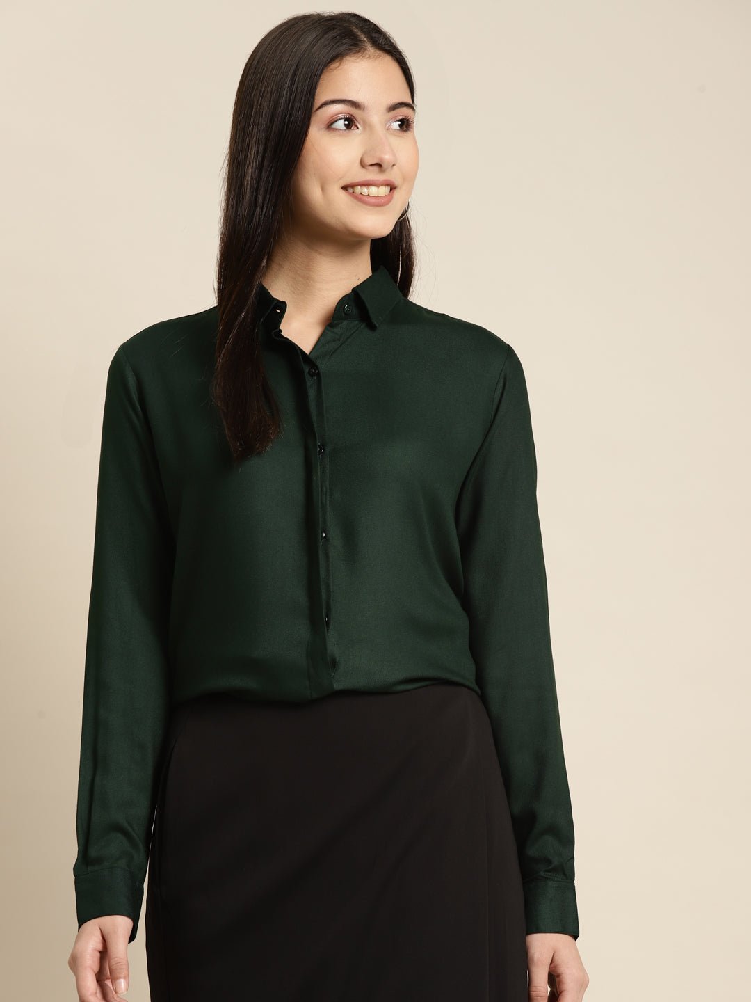 Women Bottel Green Solid Viscose Rayon Regular Fit Formal Shirt - #folk republic#