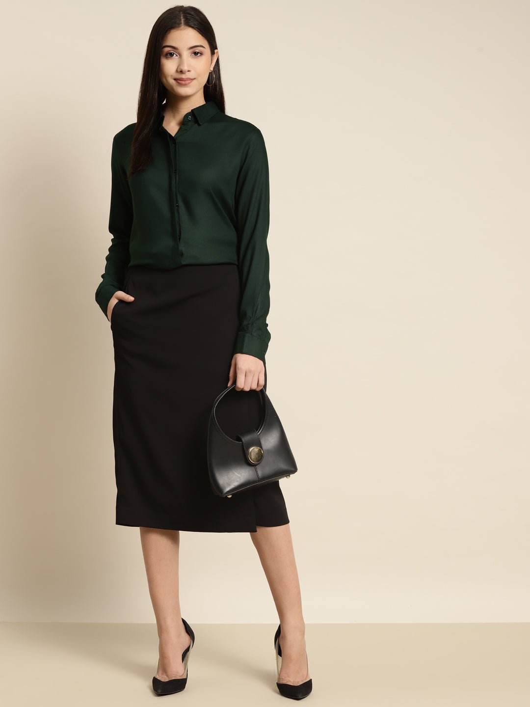 Women Bottel Green Solid Viscose Rayon Regular Fit Formal Shirt - #folk republic#