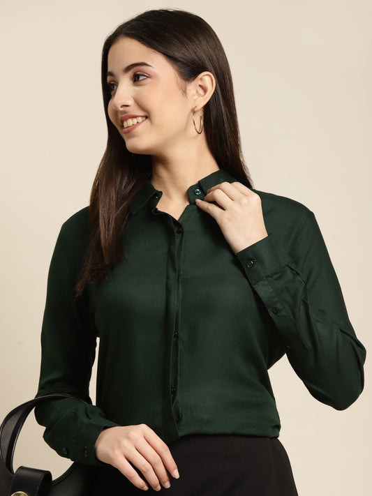 Women Bottel Green Solid Viscose Rayon Regular Fit Formal Shirt - #folk republic#