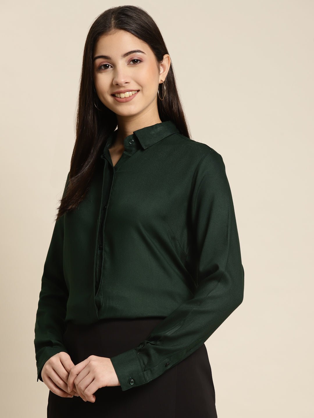 Women Bottel Green Solid Viscose Rayon Regular Fit Formal Shirt - #folk republic#