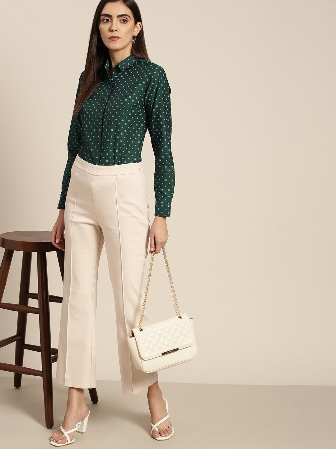 Women Bottle green & Blue Printed Pure Cotton Slim Fit Formal Shirt - #folk republic#