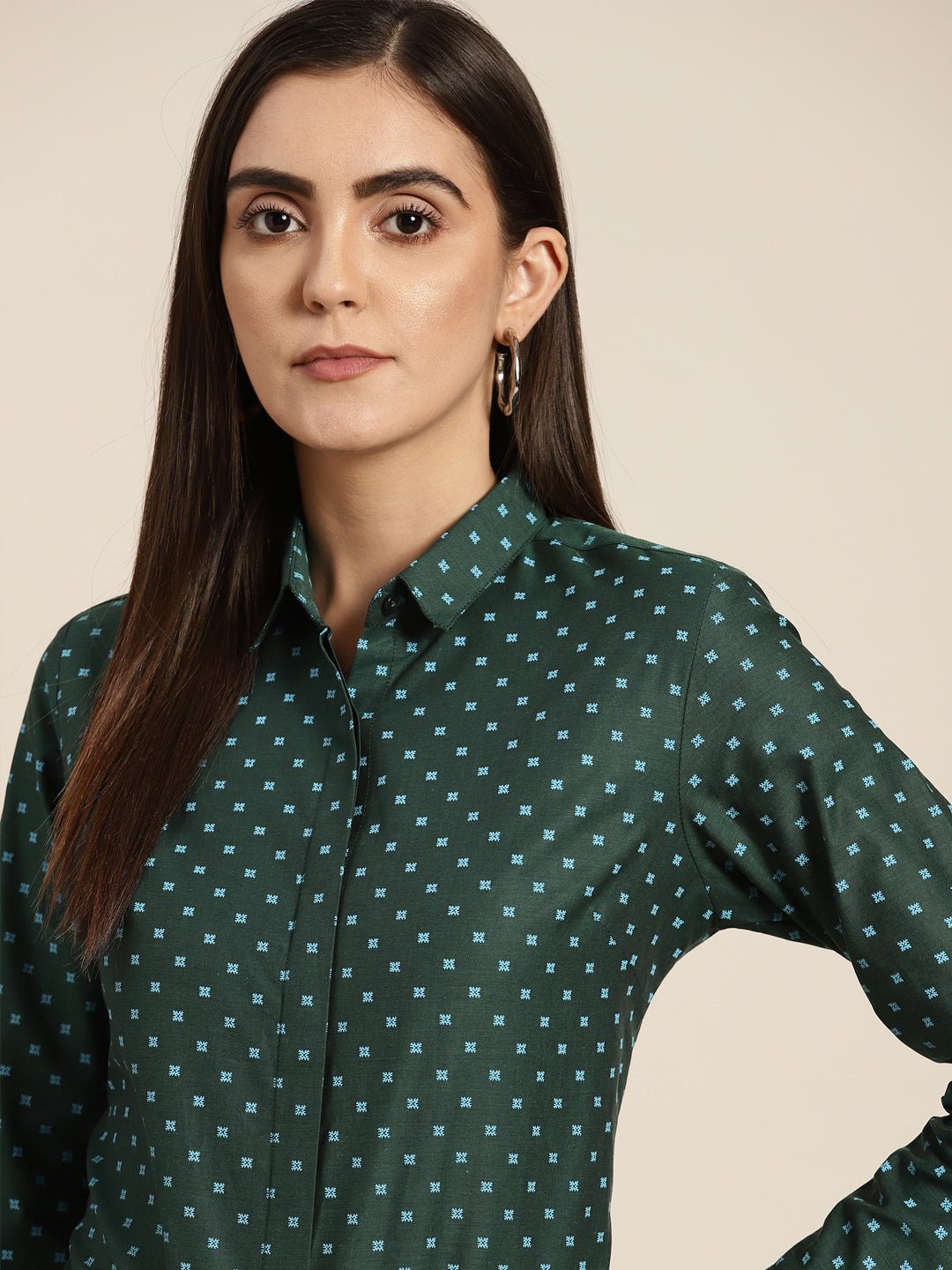 Women Bottle green & Blue Printed Pure Cotton Slim Fit Formal Shirt - #folk republic#