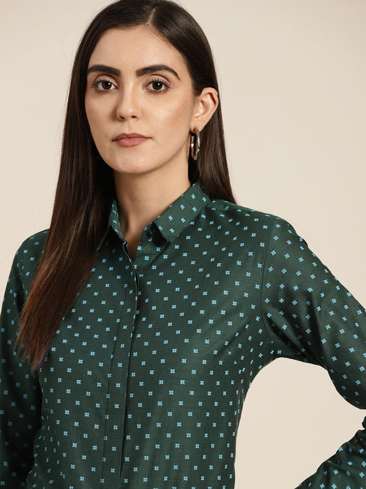 Women Bottle green & Blue Printed Pure Cotton Slim Fit Formal Shirt - #folk republic#