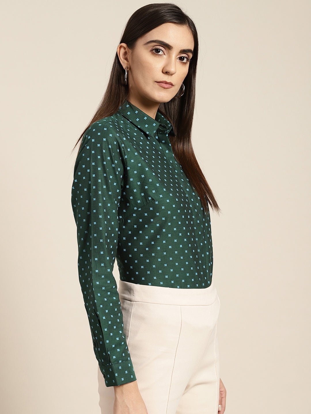 Women Bottle green & Blue Printed Pure Cotton Slim Fit Formal Shirt - #folk republic#
