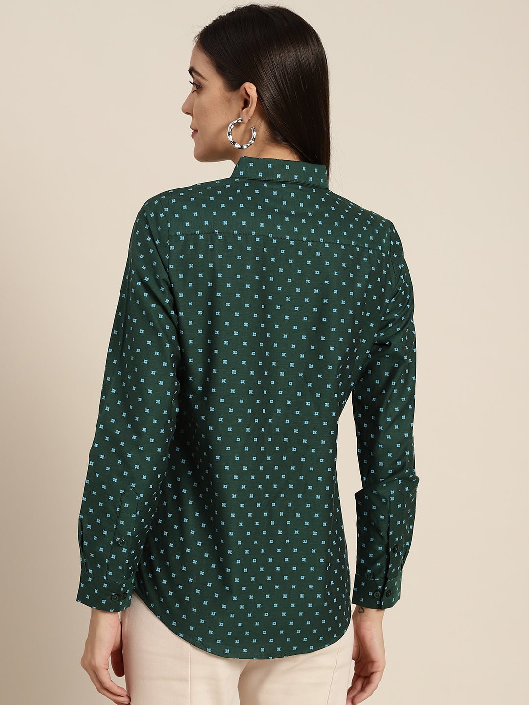 Women Bottle green & Blue Printed Pure Cotton Slim Fit Formal Shirt - #folk republic#