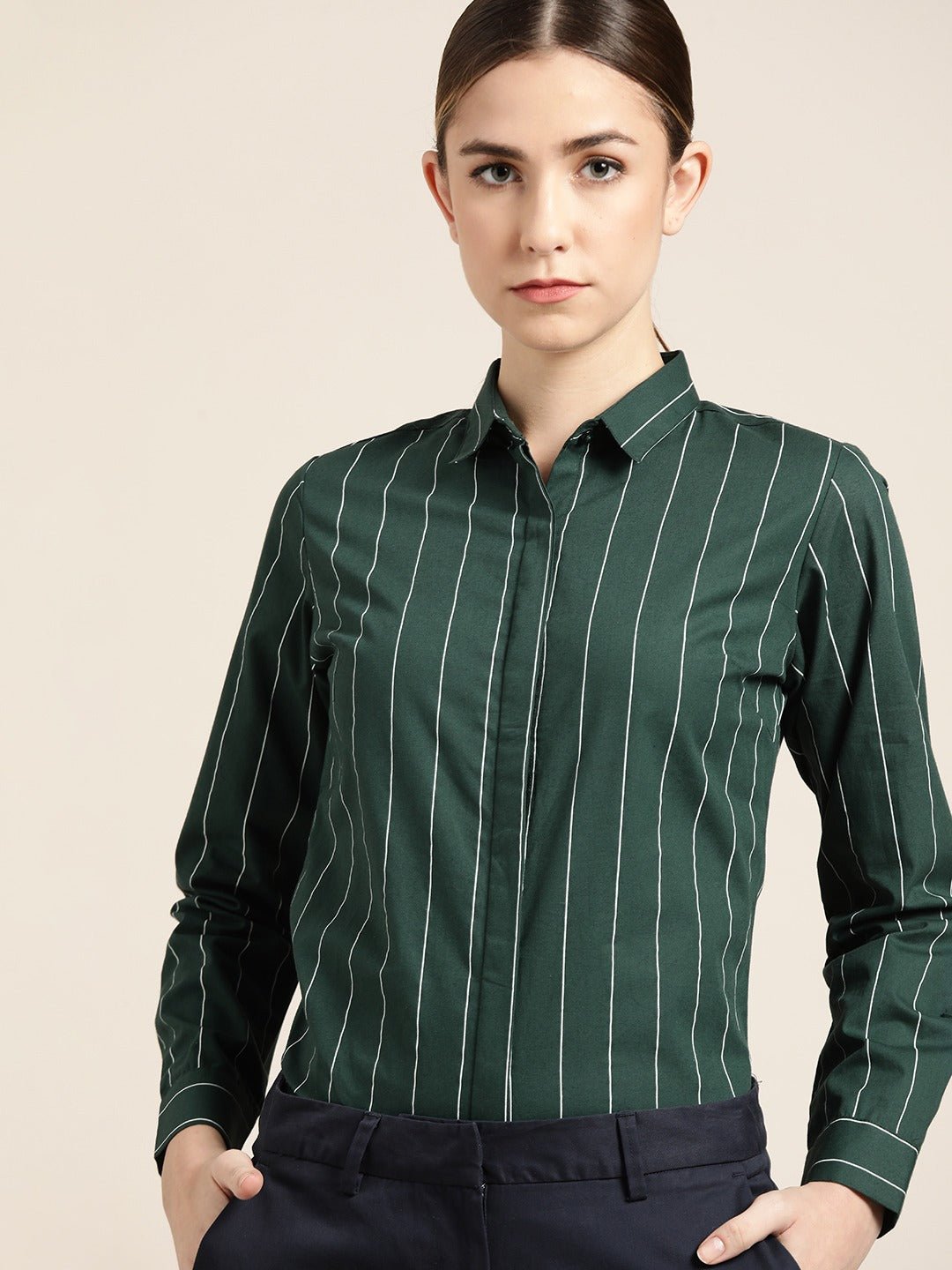 Women Bottle Green Striped Pure Cotton Slim Fit Formal Shirt - #folk republic#
