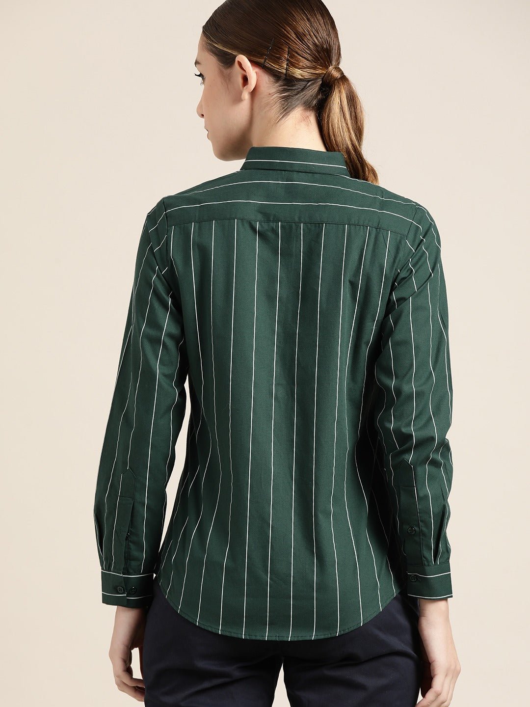 Women Bottle Green Striped Pure Cotton Slim Fit Formal Shirt - #folk republic#