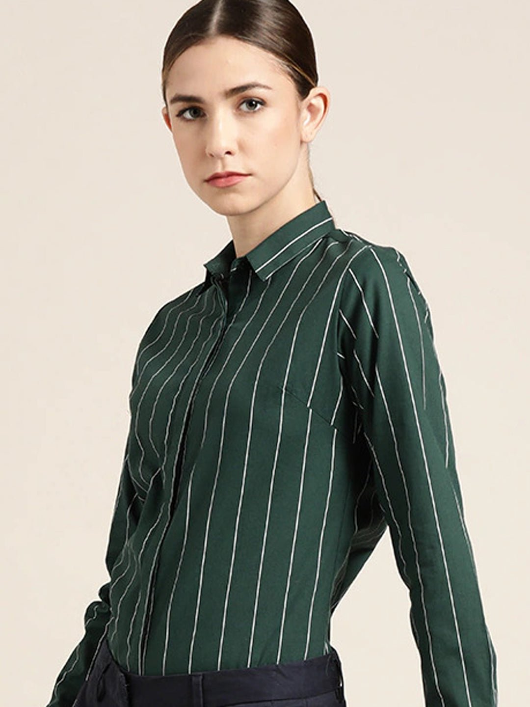Women Bottle Green Striped Pure Cotton Slim Fit Formal Shirt - #folk republic#