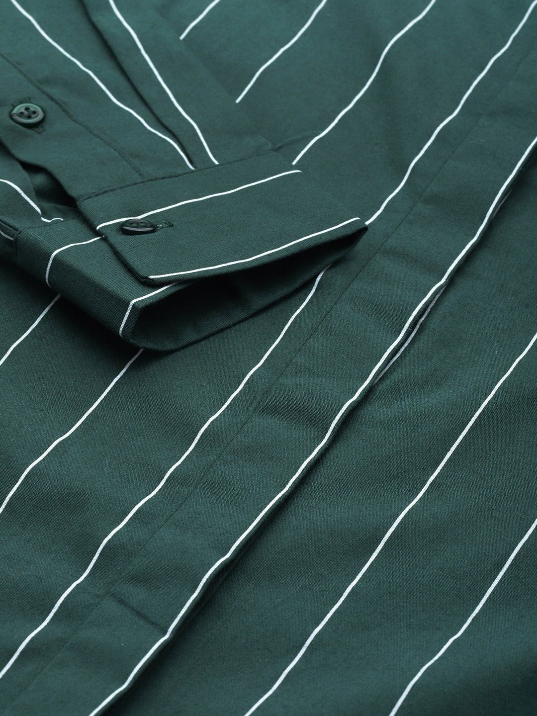 Women Bottle Green Striped Pure Cotton Slim Fit Formal Shirt - #folk republic#