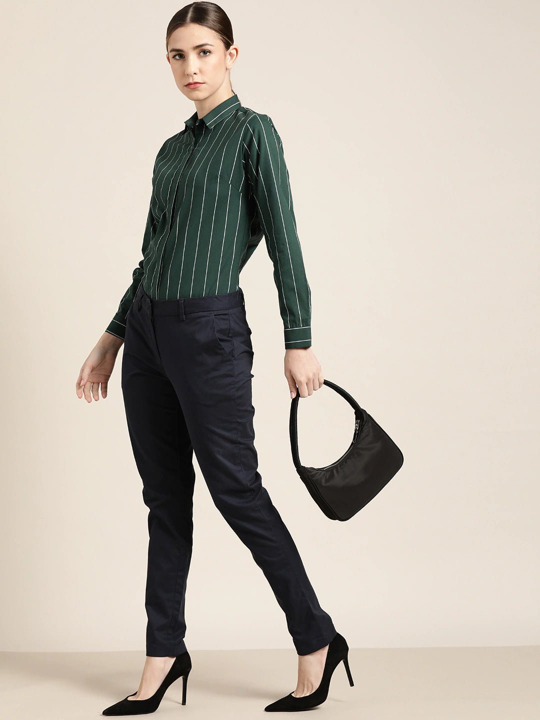 Women Bottle Green Striped Pure Cotton Slim Fit Formal Shirt - #folk republic#