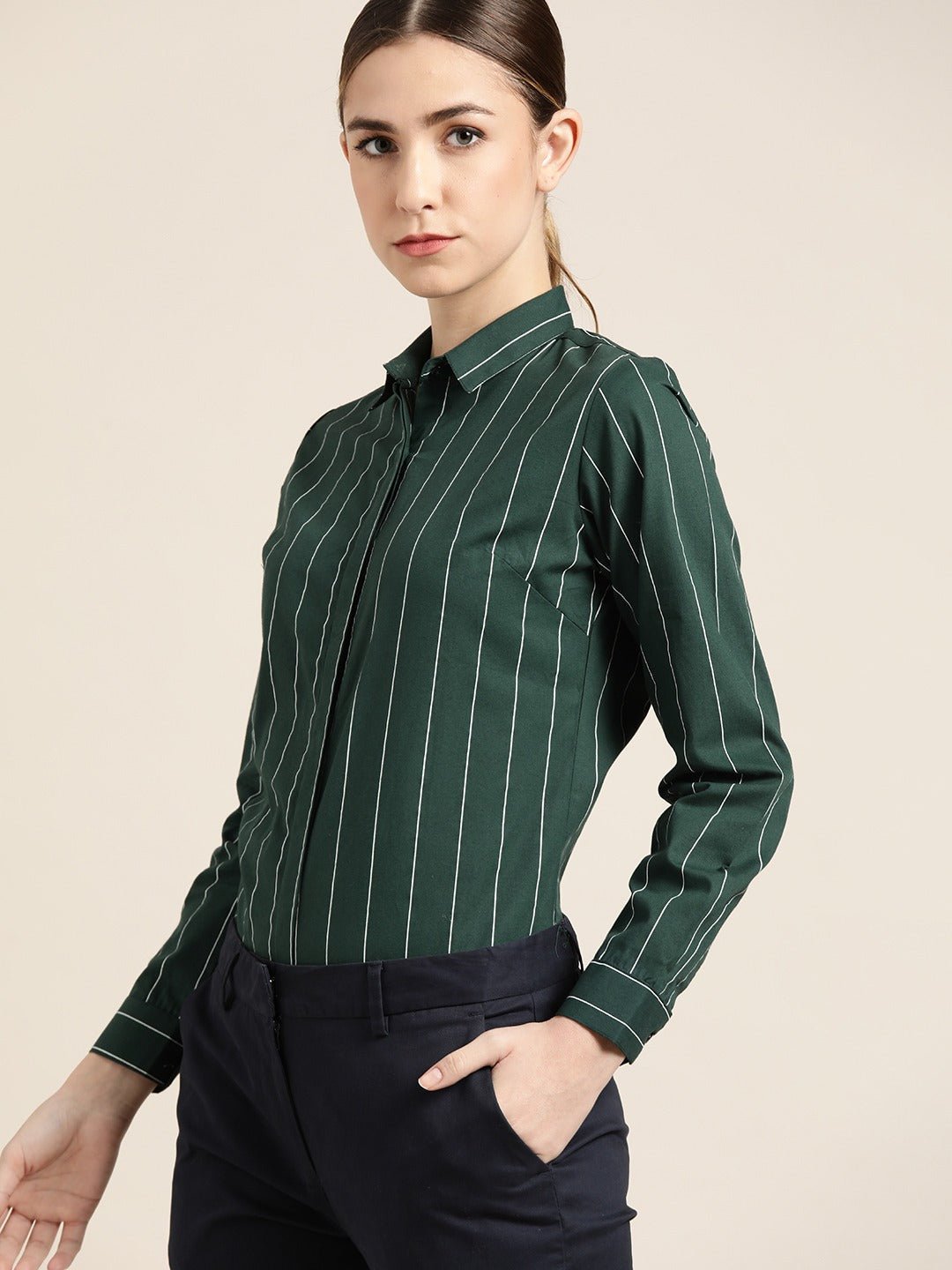 Women Bottle Green Striped Pure Cotton Slim Fit Formal Shirt - #folk republic#
