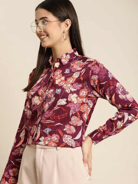 Women Burgundy Printed Viscose Rayon Slim Fit Formal Shirt - #folk republic#