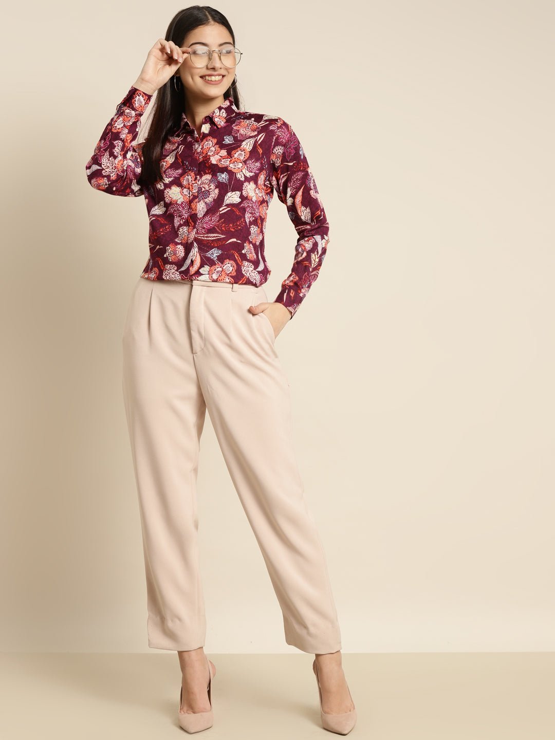 Women Burgundy Printed Viscose Rayon Slim Fit Formal Shirt - #folk republic#