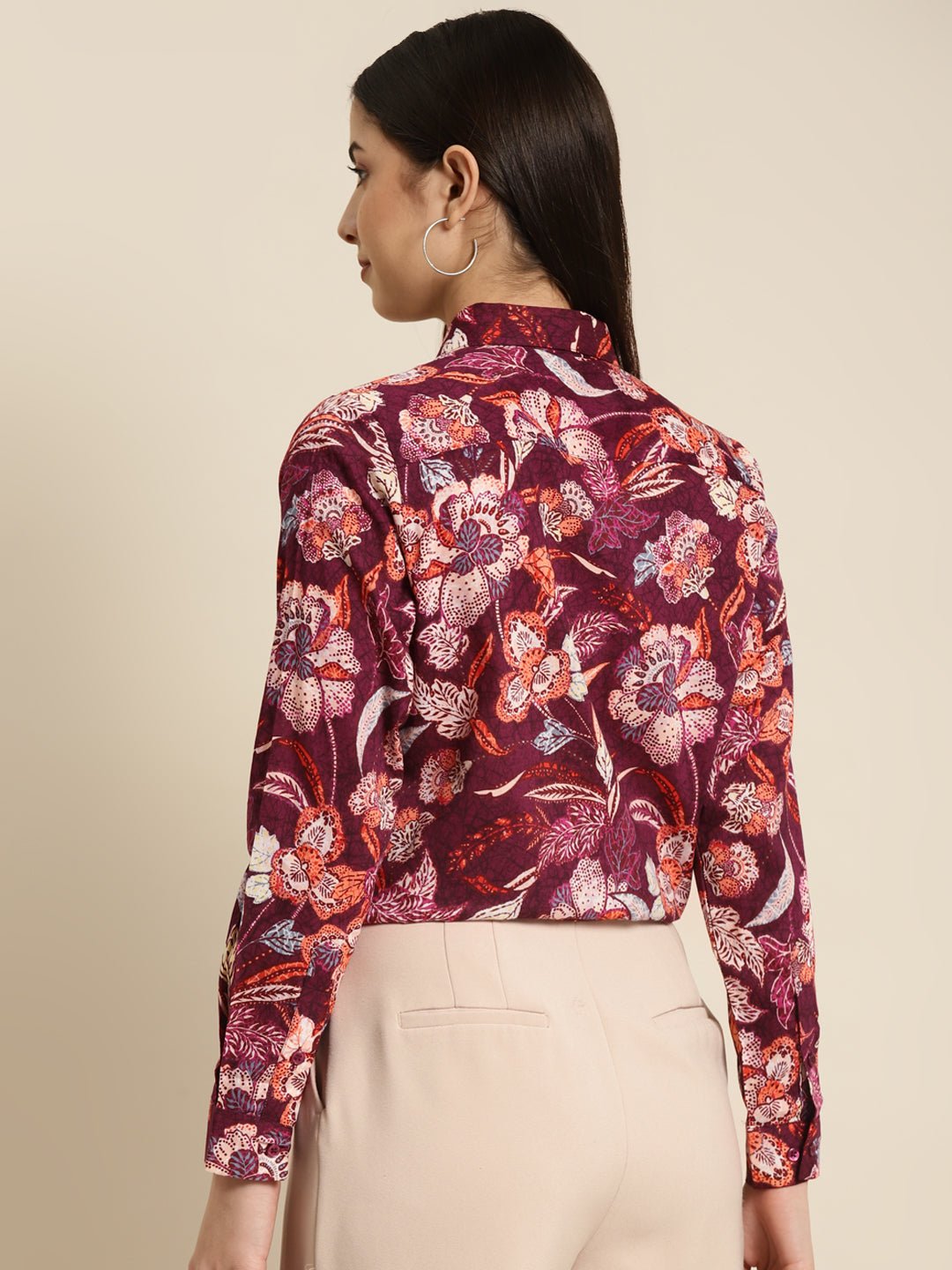 Women Burgundy Printed Viscose Rayon Slim Fit Formal Shirt - #folk republic#
