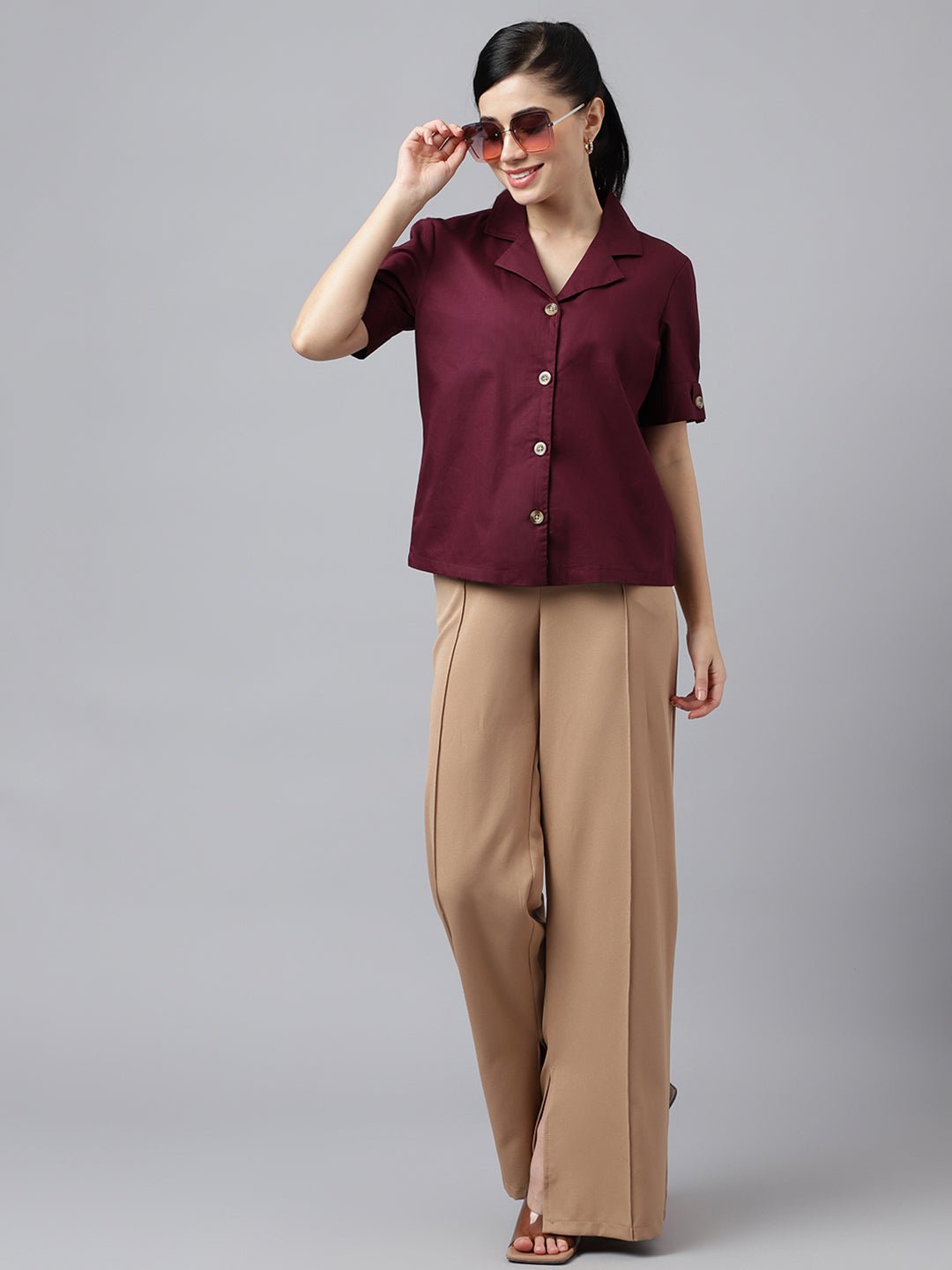Women Burgundy Solid Pure Cotton Lapel Collar Regular Fit Formal Shirt - #folk republic#