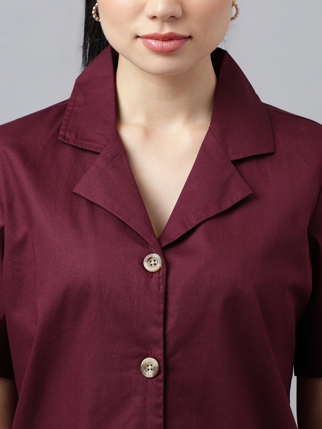 Women Burgundy Solid Pure Cotton Lapel Collar Regular Fit Formal Shirt - #folk republic#