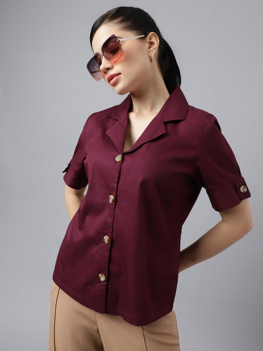 Women Burgundy Solid Pure Cotton Lapel Collar Regular Fit Formal Shirt - #folk republic#