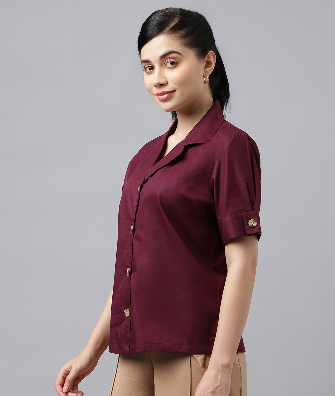 Women Burgundy Solid Pure Cotton Lapel Collar Regular Fit Formal Shirt - #folk republic#