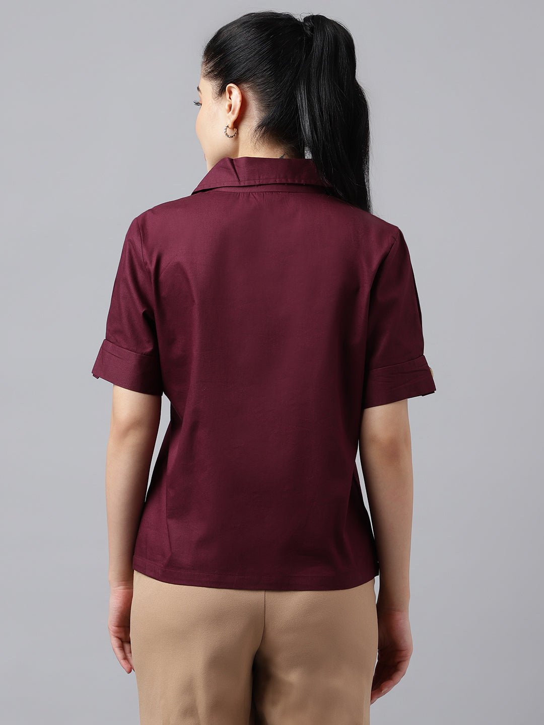 Women Burgundy Solid Pure Cotton Lapel Collar Regular Fit Formal Shirt - #folk republic#