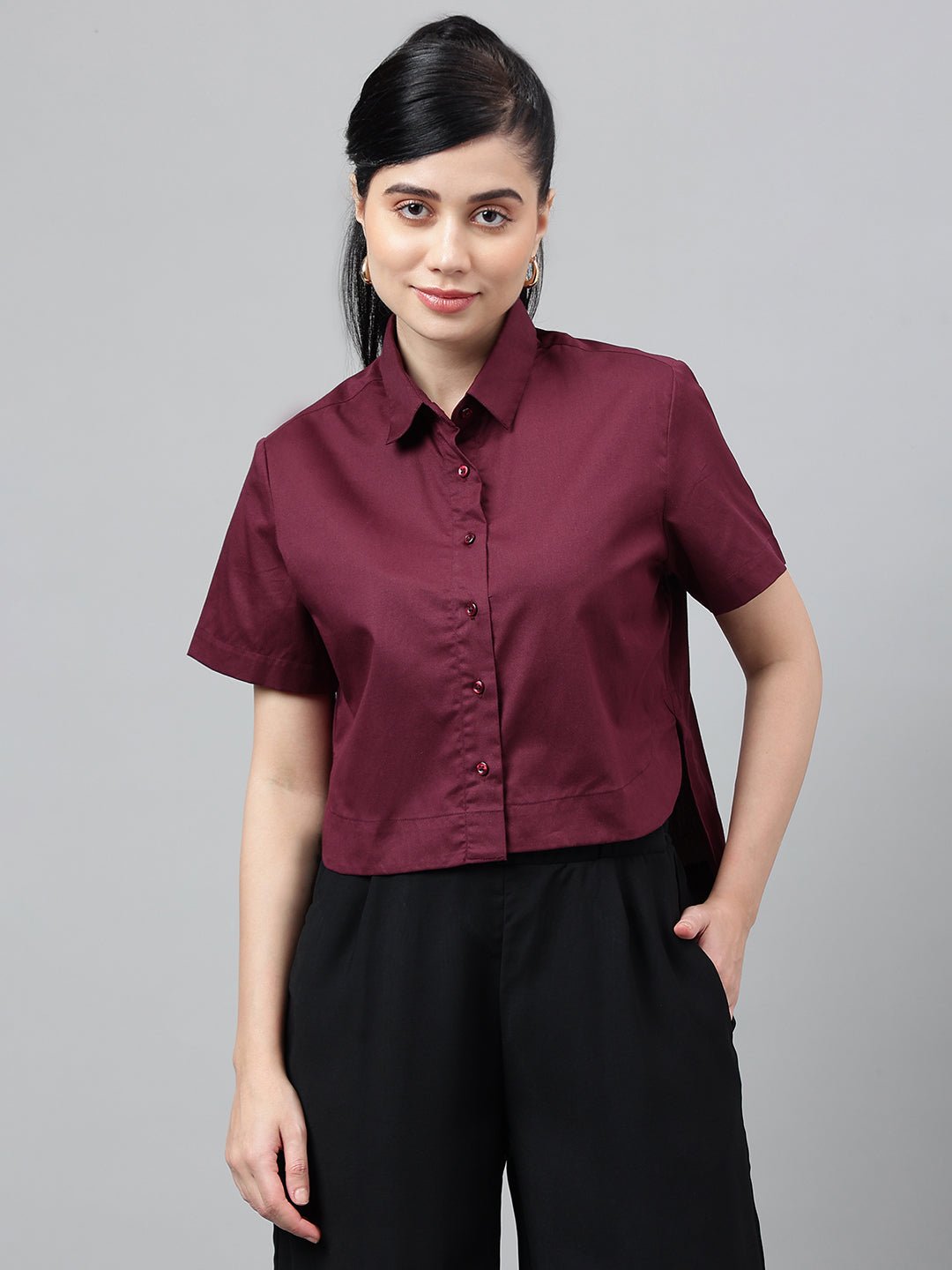 Women Burgundy Solid Pure Cotton Regular Fit Formal Crop Shirt - #folk republic#